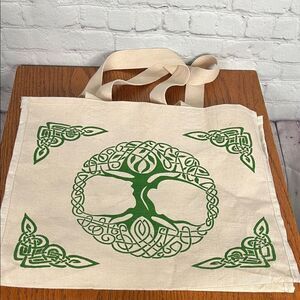 Canvas Tote Bag Celtic Knot Tree Of Life Design Large cream w/ Kelly Green